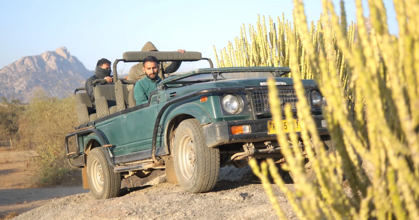 Open safari vehicle in rocky countryside